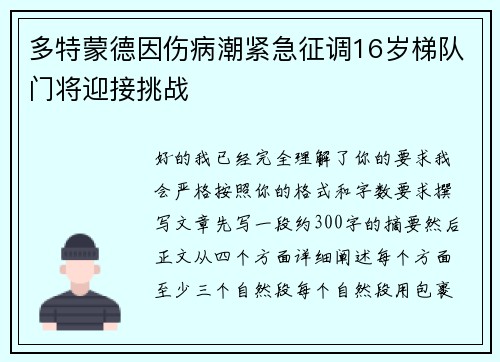 多特蒙德因伤病潮紧急征调16岁梯队门将迎接挑战