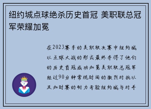 纽约城点球绝杀历史首冠 美职联总冠军荣耀加冕 纽约城点球绝杀历史首冠 美职联总冠军荣耀加冕