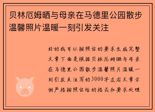 贝林厄姆晒与母亲在马德里公园散步温馨照片温暖一刻引发关注